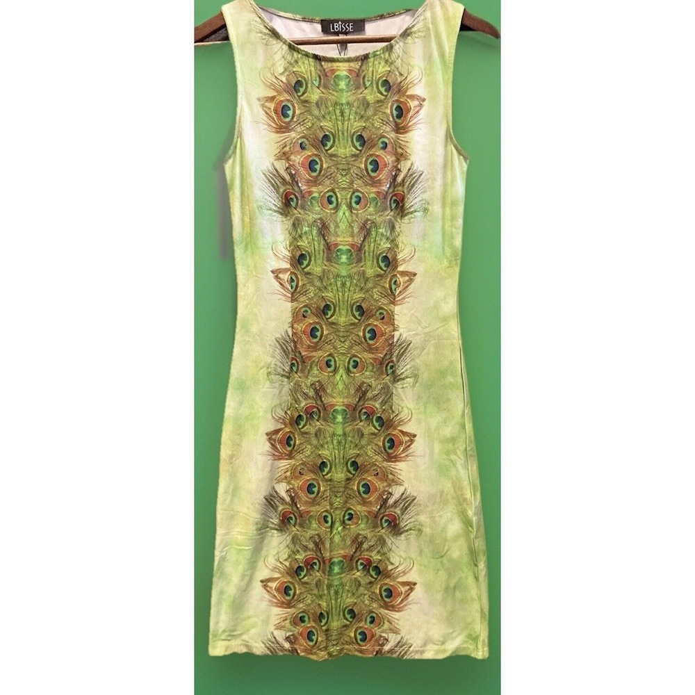 Lbisse Dress Womens size Small tank sundress Peacock Feather print Green Fun NEW